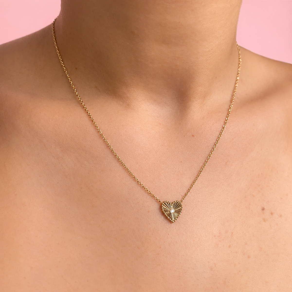 14K Gold Diamond Ribbed Heart Necklace Worn on Neck