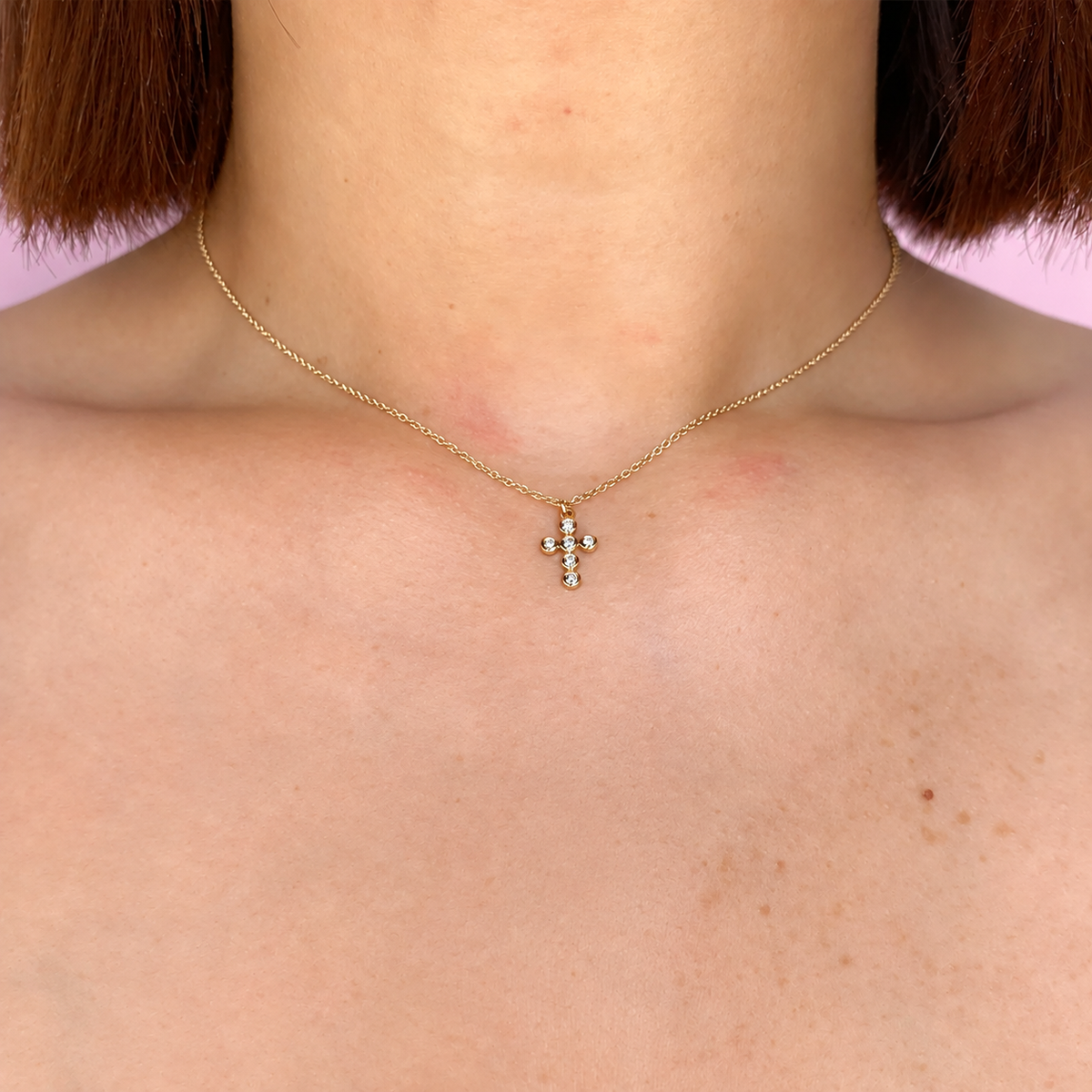 14K Gold Bezel Cross Necklace Worn on Neck