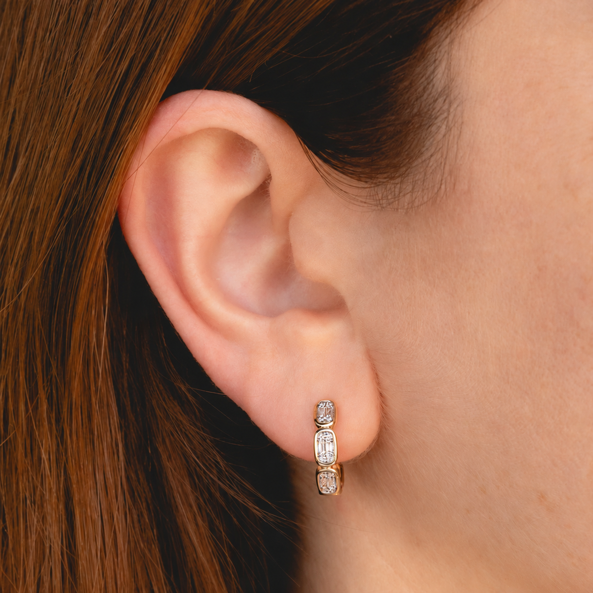 14K Gold Baguette Diamond Cluster Hoop Earrings Worn on Ear