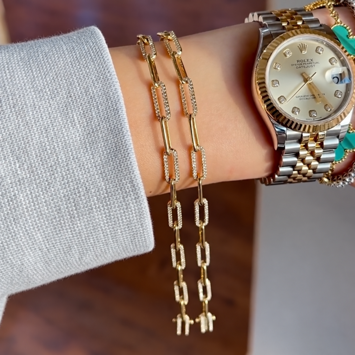 14K Gold Diamond Paperclip Bracelet Worn on Wrist