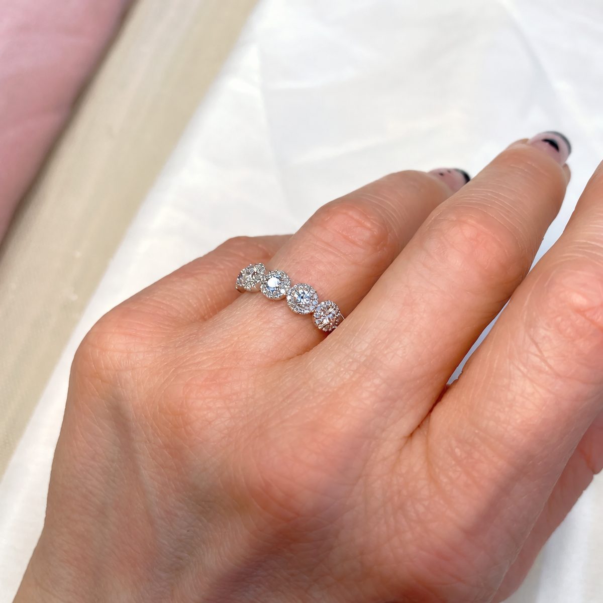 14K Gold Diamond Halo Band Worn on Finger
