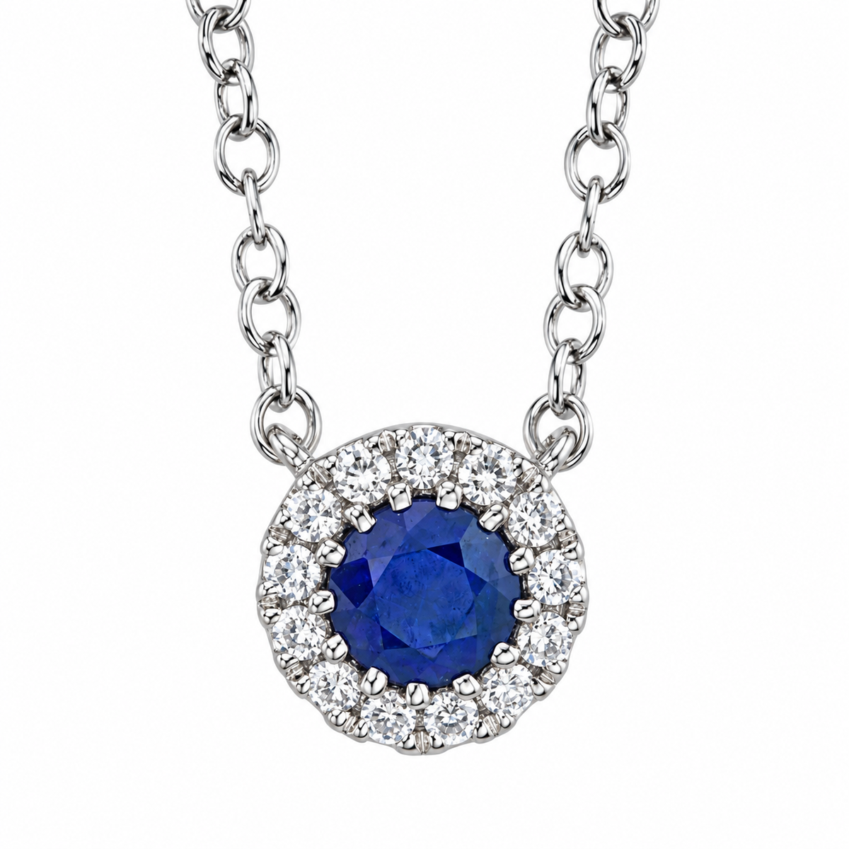 14K White Gold Sapphire Halo Necklace