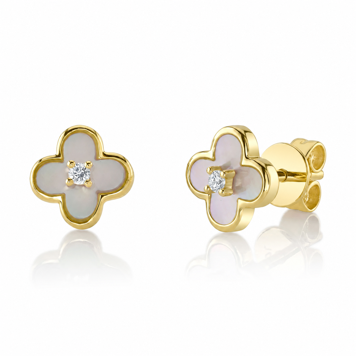 14K Yellow Gold Pearl Clover Stud Earrings