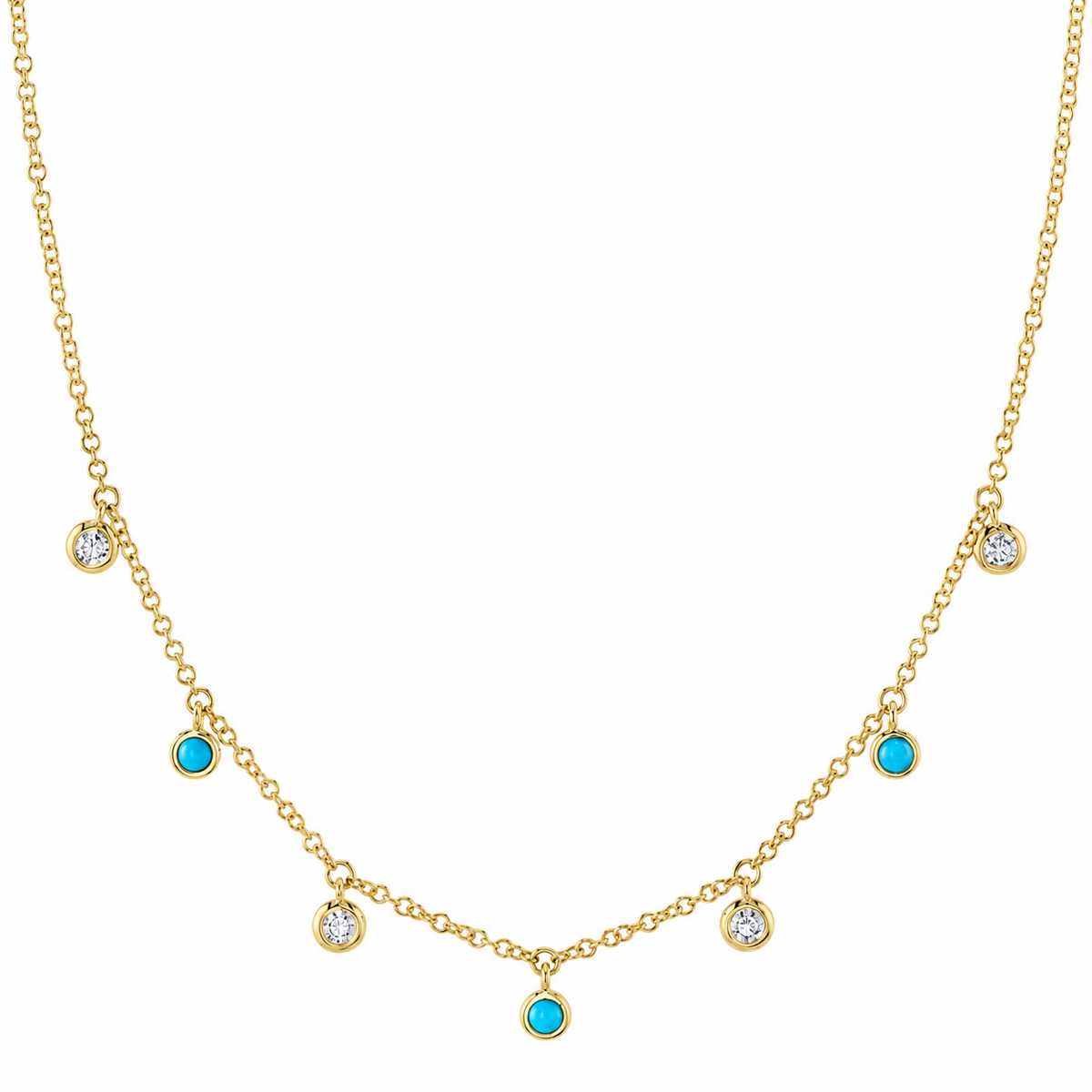 14K Yellow Gold Turquoise & Diamond Bezel Dangle Necklace