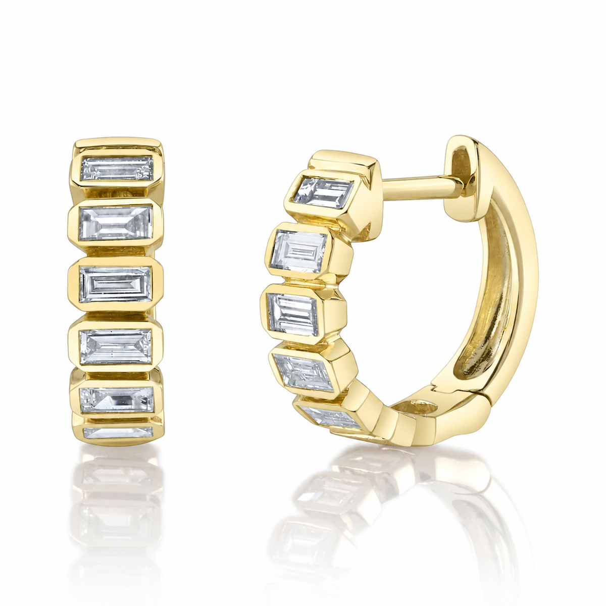 14K Yellow Gold Baguette Bezel Huggie Earrings