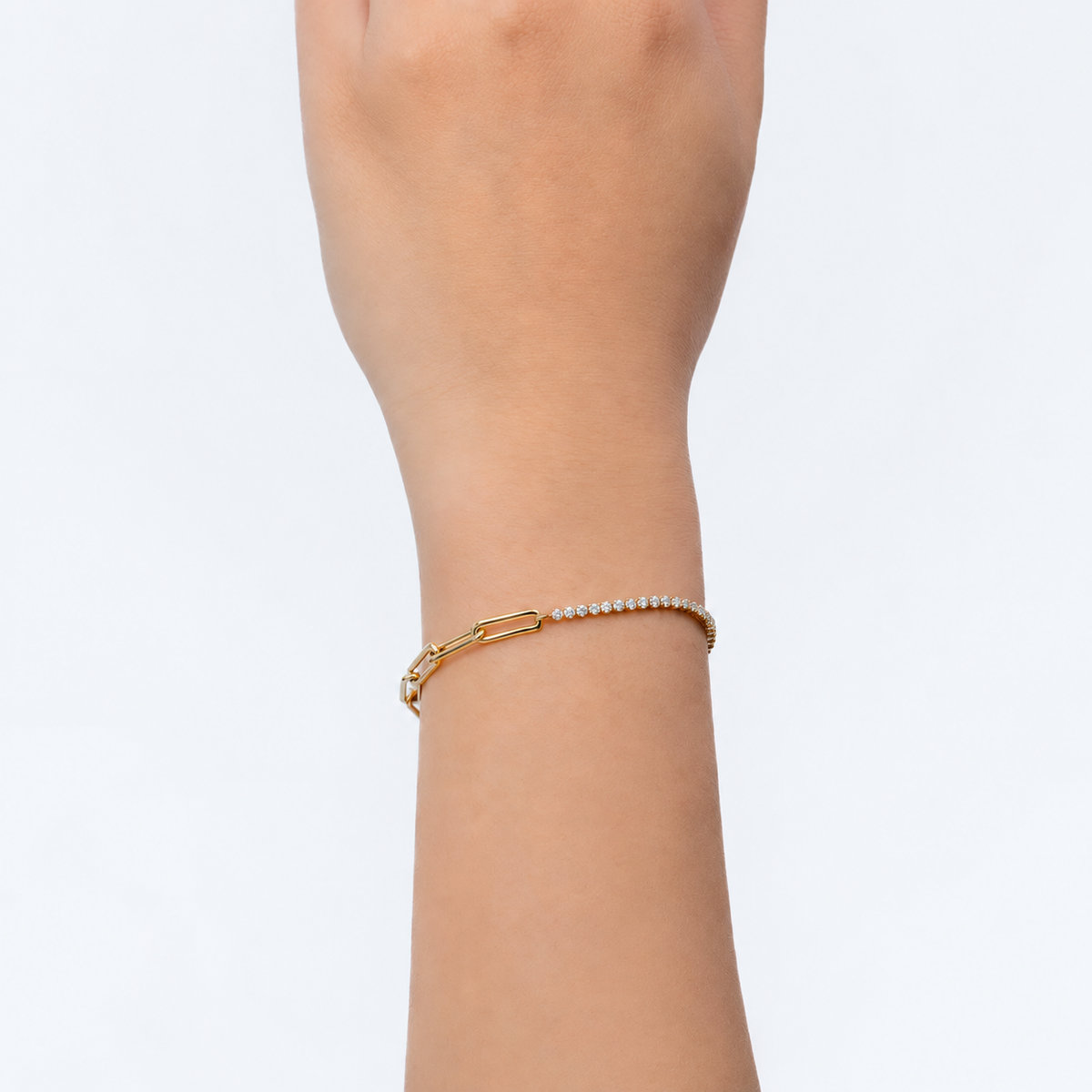 14K Gold Paperclip Tennis Bracelet Worn on Wrist