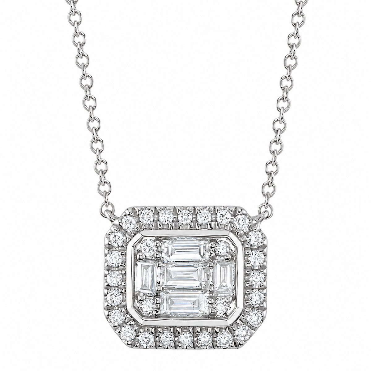14K White Gold Baguette Diamond Halo Necklace
