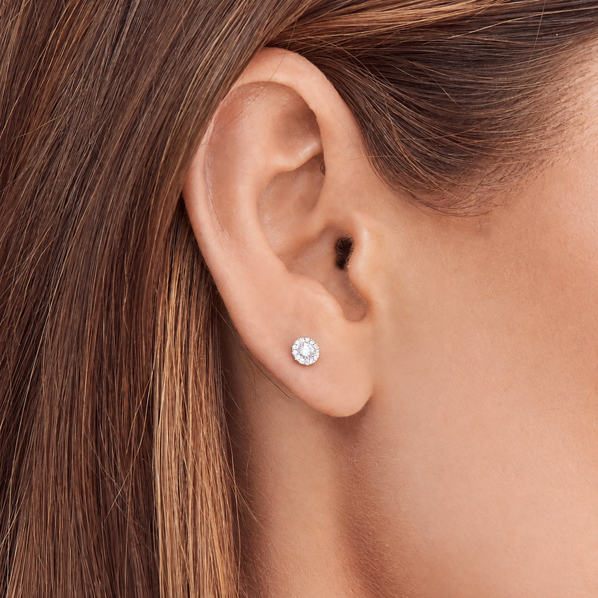 14K Gold Diamond Halo Stud Earrings Worn on Ear