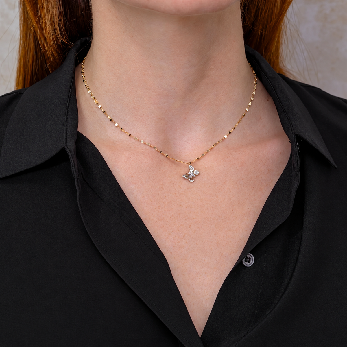 14K Gold Diamond Butterfly Sparkle Chain Necklace Worn on Neck