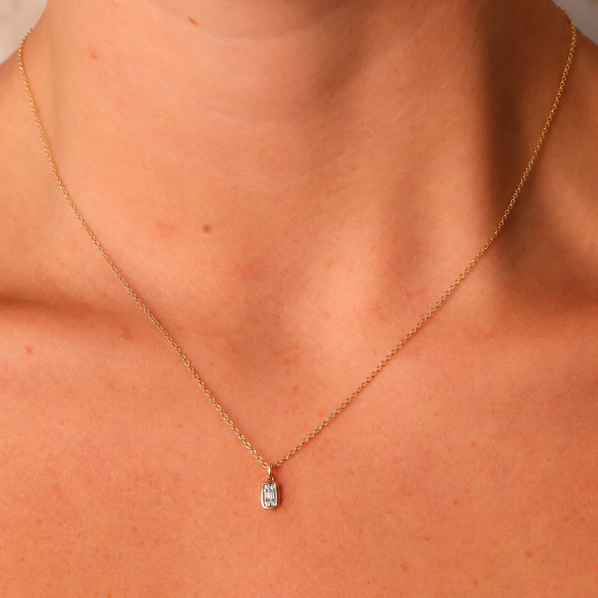 14K Gold Baguette Diamond Cluster Necklace Worn on Neck