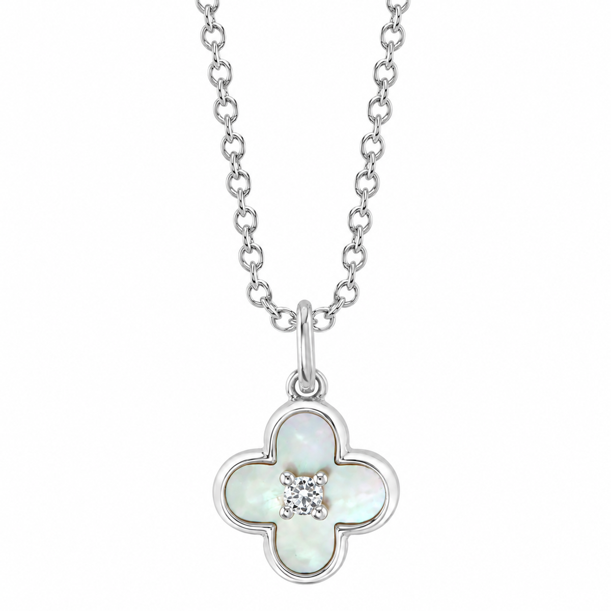 14K White Gold Pearl Clover Necklace