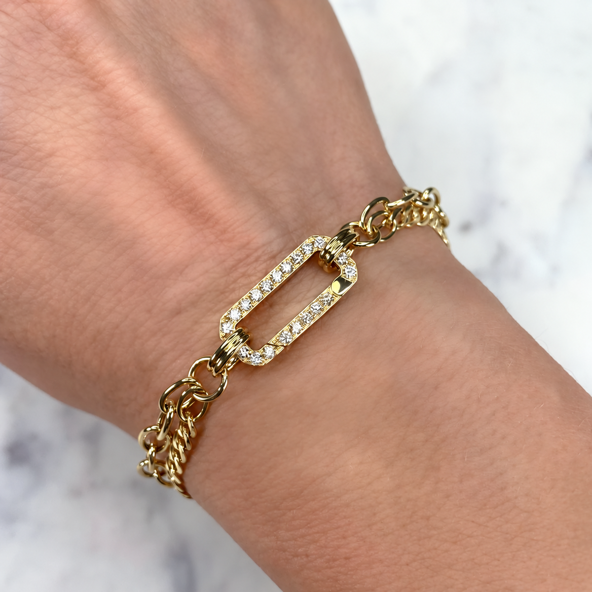 14K Gold Diamond Mixed Link Bracelet Worn on Wrist