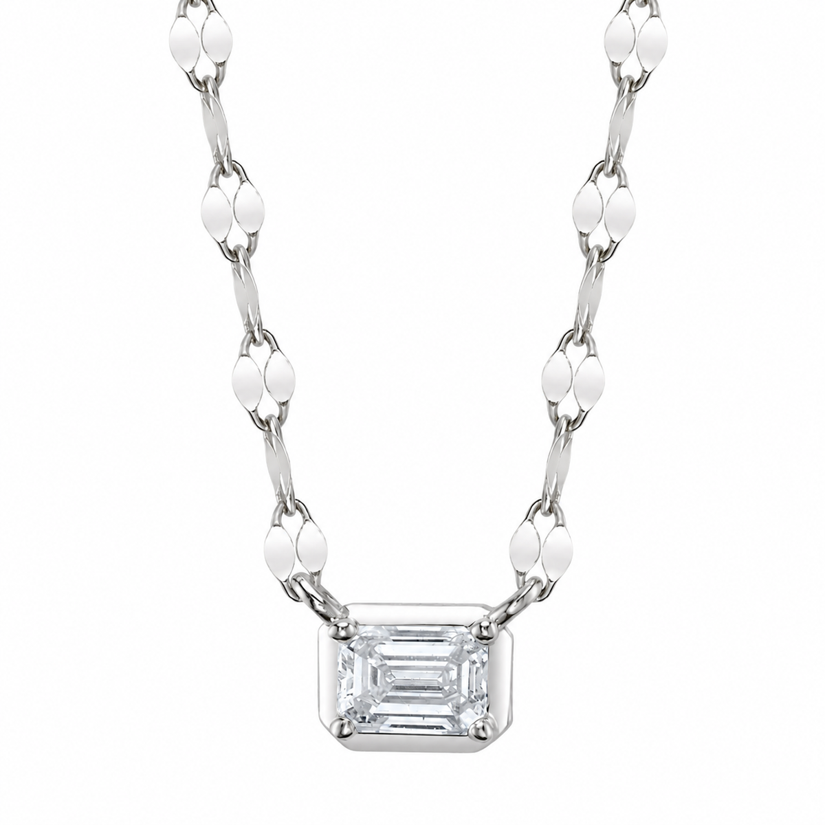 14K White Gold Emerald Cut Diamond Sparkle Chain Necklace