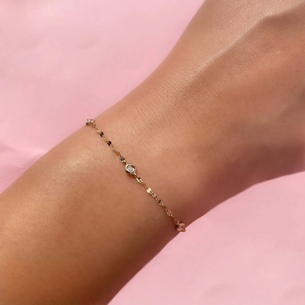 14K Gold Diamond Bezel Sparkle Chain Bracelet Worn on Wrist
