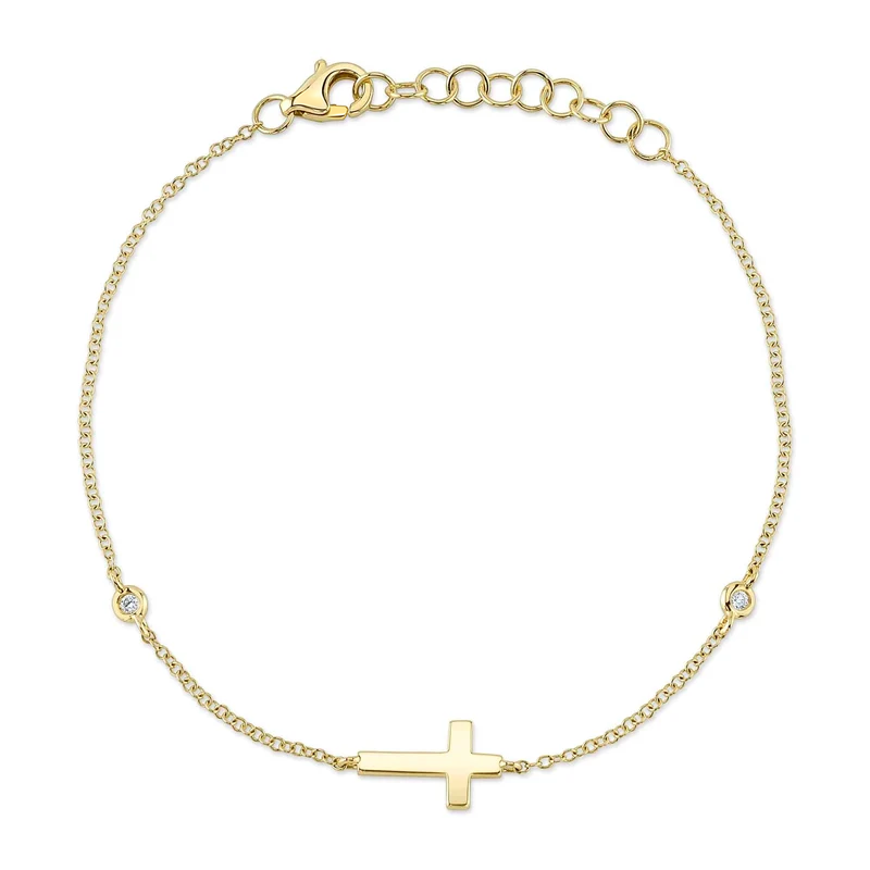14K Yellow Gold Diamond Bezel Cross Bracelet