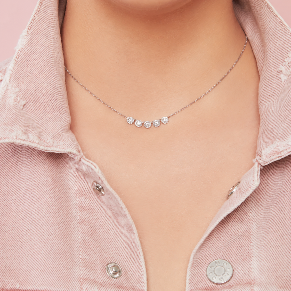 14K Gold Five Diamond Halo Necklace Worn on Neck