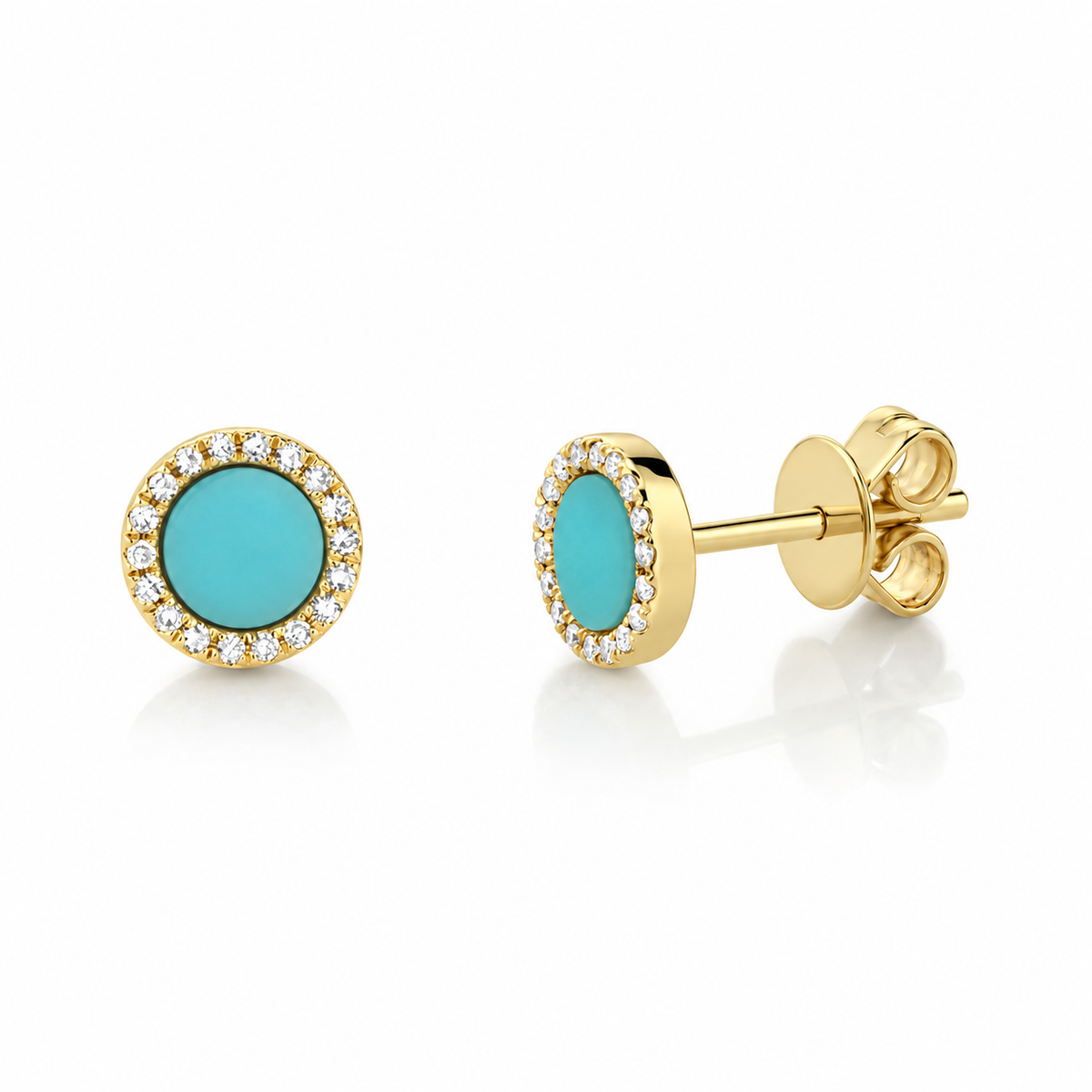 14K Yellow Gold Turquoise Disc Halo Stud Earrings