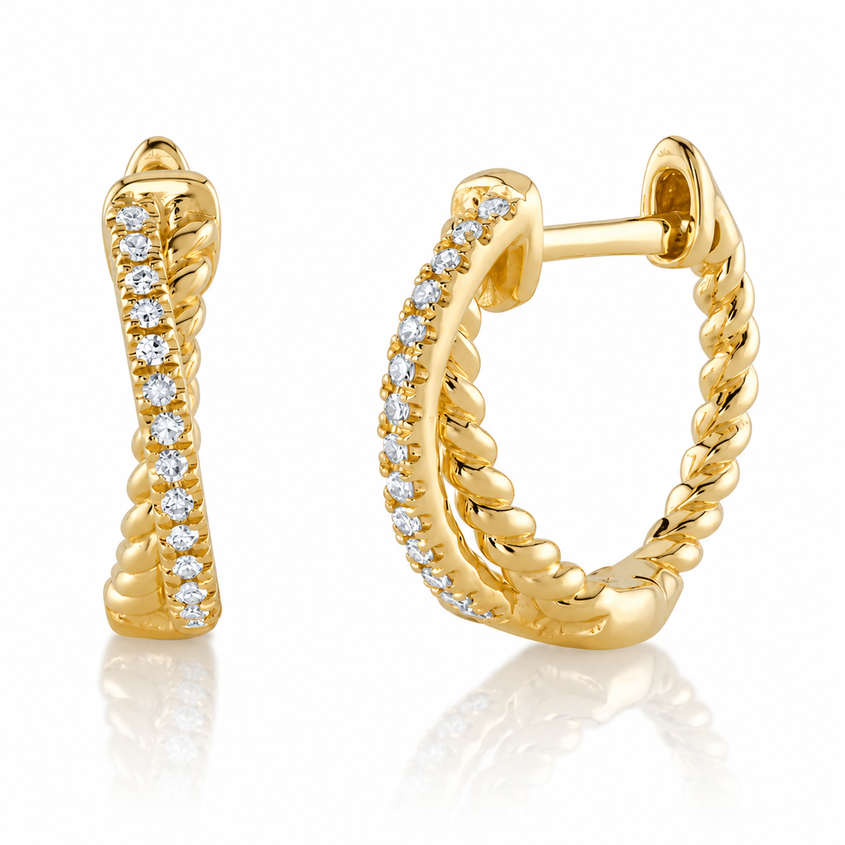 14K Yellow Gold Diamond Crossover Huggie Earring 