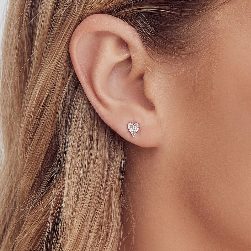 14K Gold Pointy Diamond Heart Stud Earrings Worn on Ear