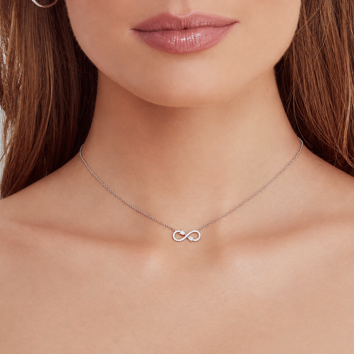14K Gold Pear Infinity Necklace Worn on Neck