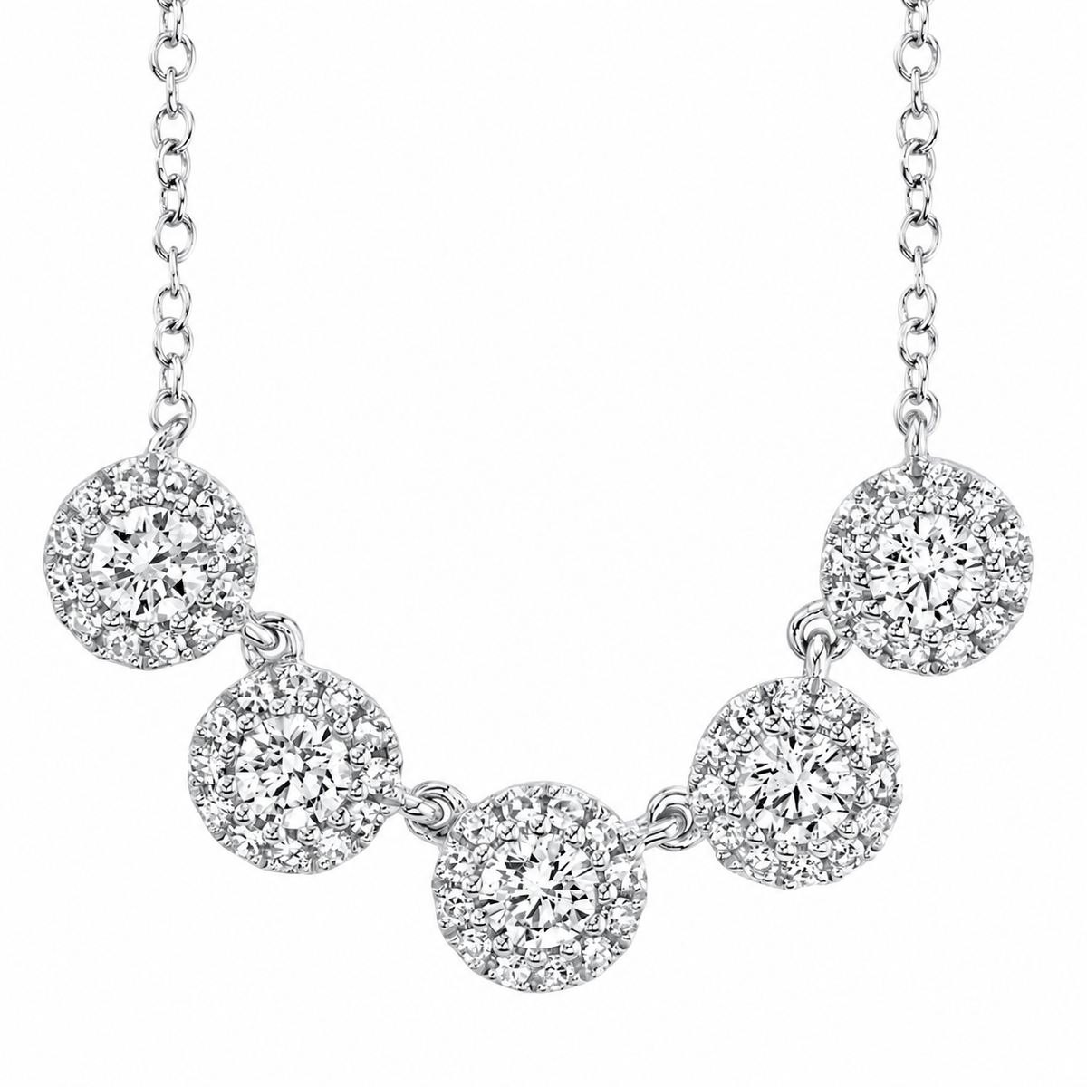 14K White Gold Five Diamond Halo Necklace