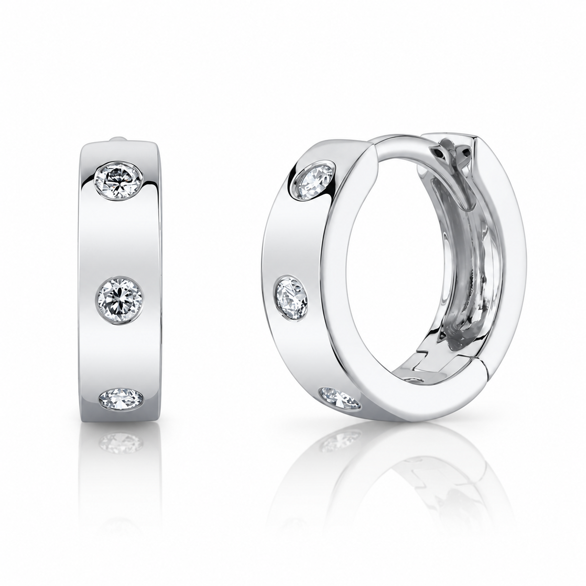 14K White Gold Flush Set Diamond Huggie Earrings