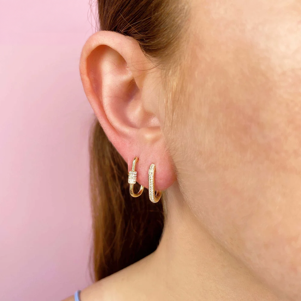 14K Gold Diamond Carabiner Hoop Earring Worn on Ear