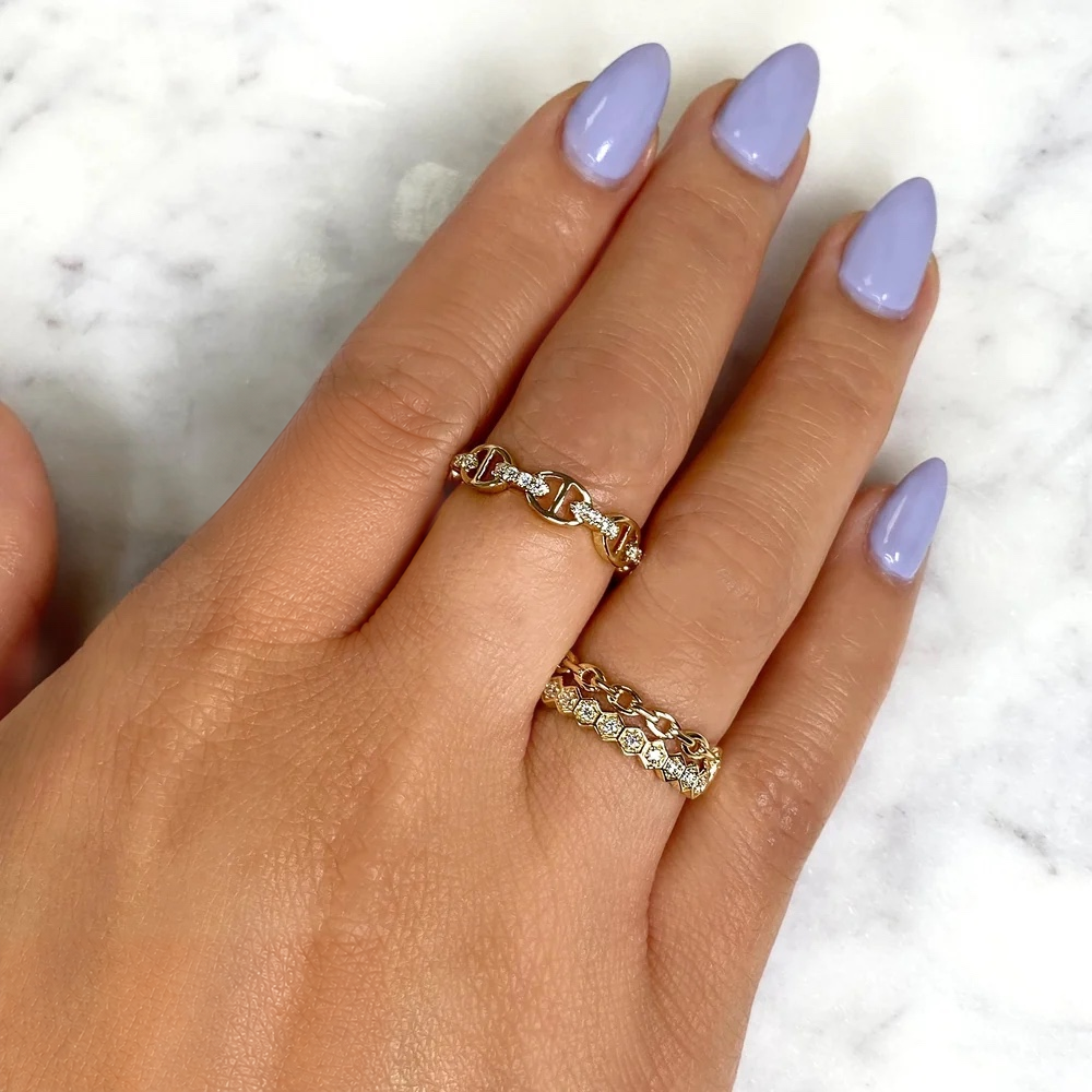 14K Gold Diamond Mariner Link Ring Worn on Finger