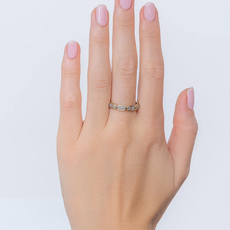 14K Gold Baguette Diamond Cluster Band Worn on Finger