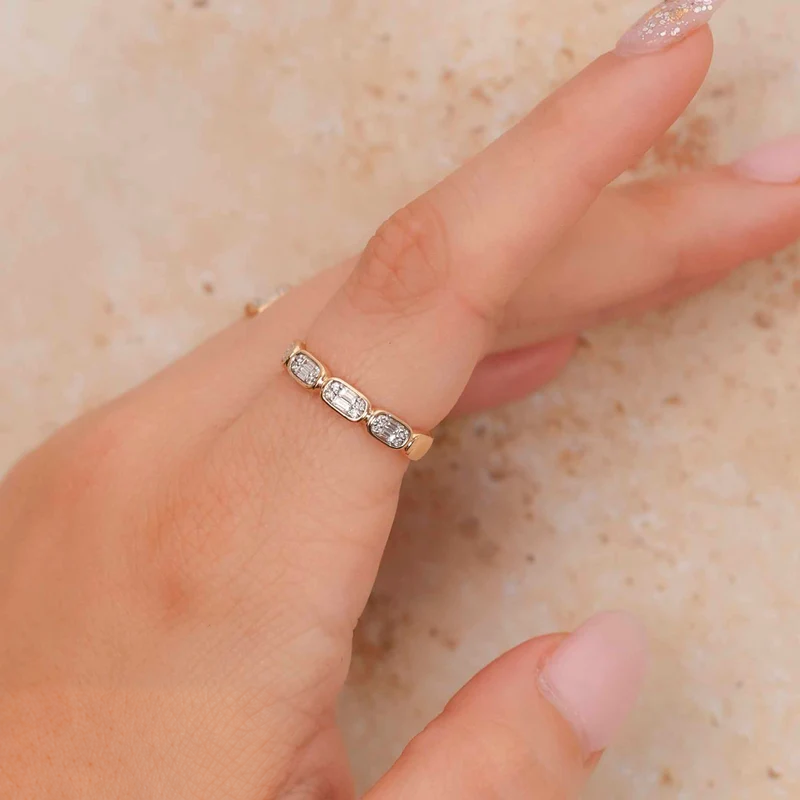 14K Gold Baguette Diamond Cluster Band Worn on Finger
