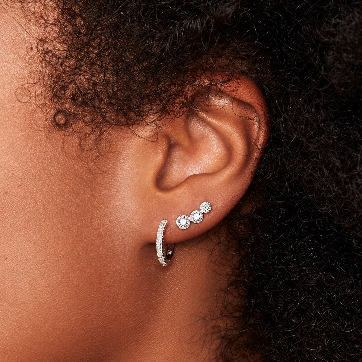 14K Gold Pavé Hoop Earring Worn on Ear