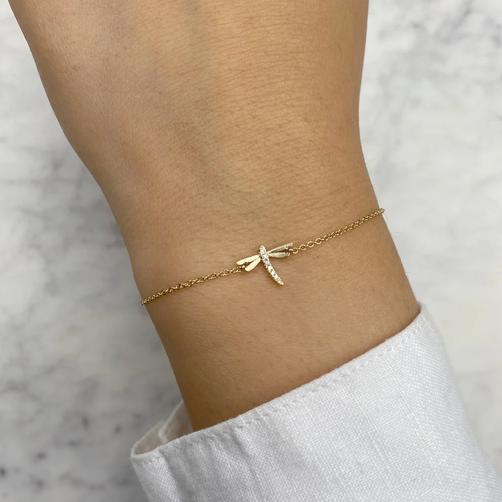 14K Gold Matte Diamond Dragonfly Bracelet Worn on Wrist