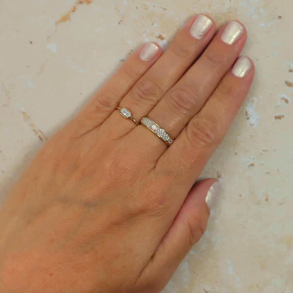 14K Gold Baguette Diamond Cluster Ring Worn on Finger