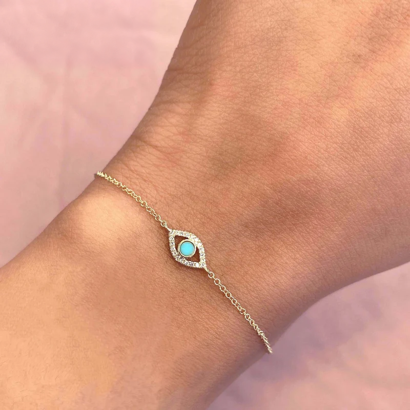 14K Gold Turquoise Eye Bracelet Worn on Wrist