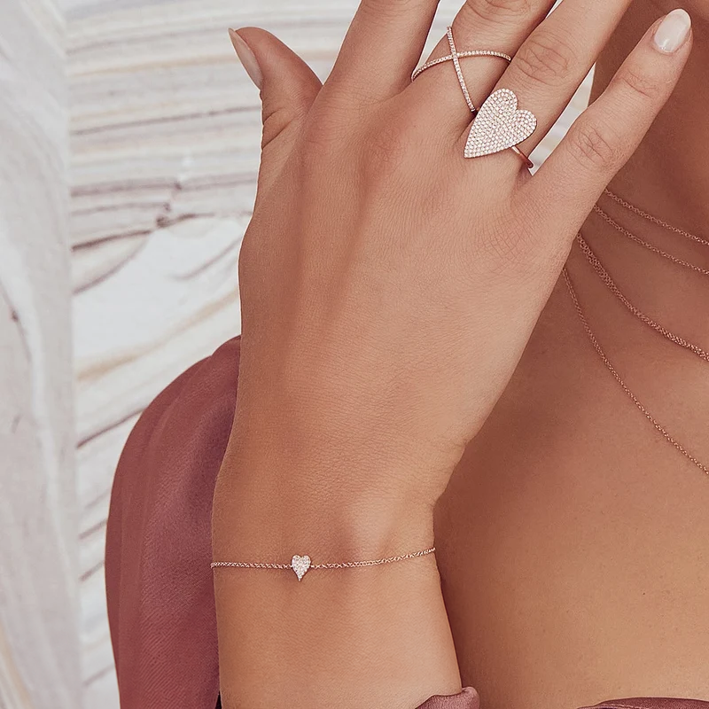 14K Gold Pointy Diamond Heart Bracelet Worn on Wrist