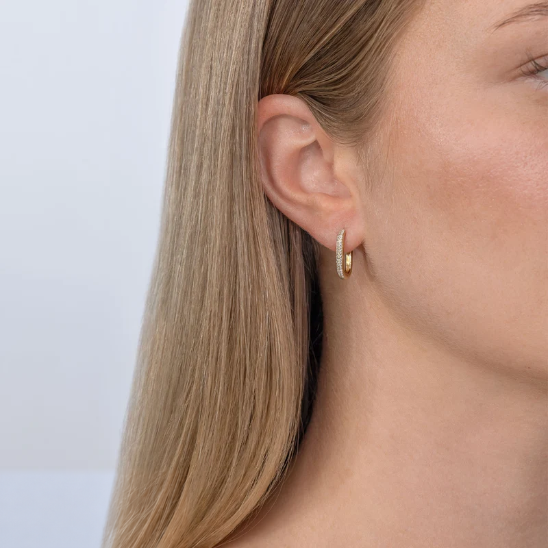 14K Gold Double Row Oval Hoop Earrings Worn on Ear