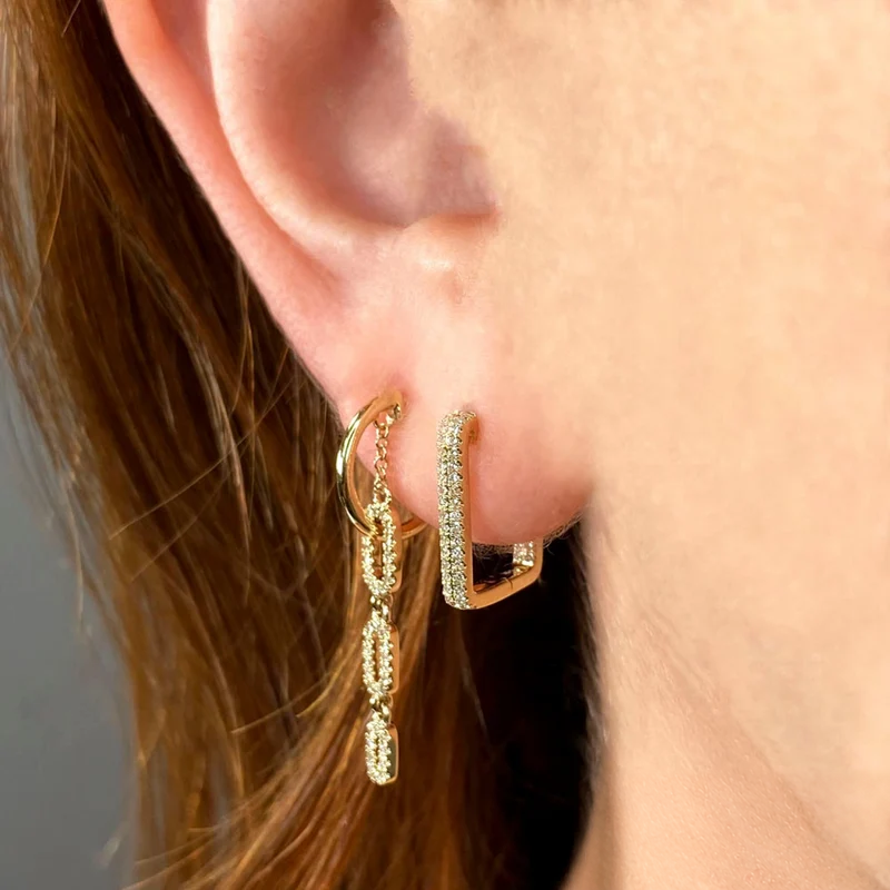 14K Gold Diamond Rectangular Hoop Earrings Worn on Ear