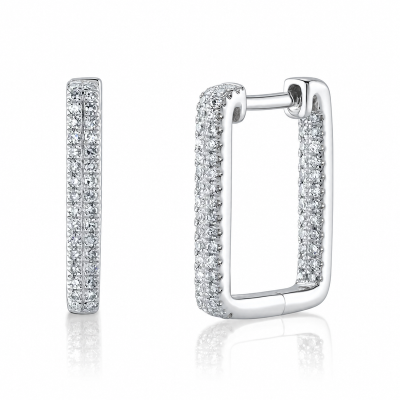 14K White Gold Diamond Rectangular Hoop Earrings