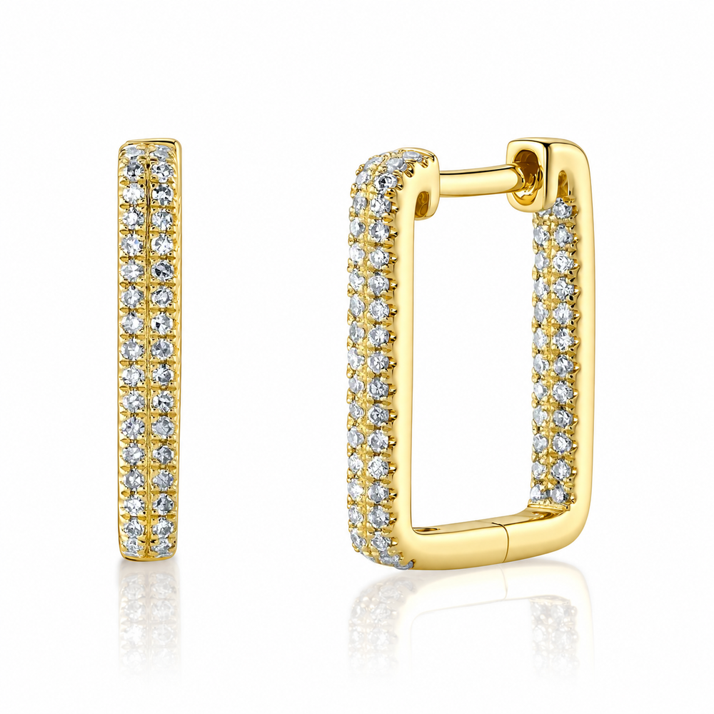 14K Yellow Gold Diamond Rectangular Hoop Earrings