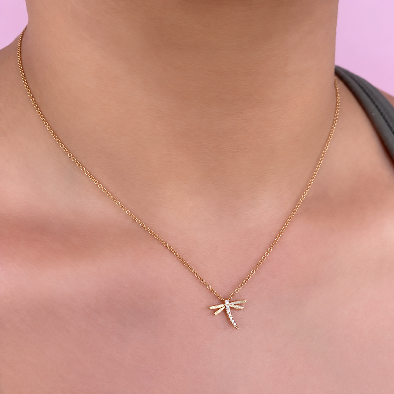 14K Gold Matte Diamond Dragonfly Necklace Worn on Neck