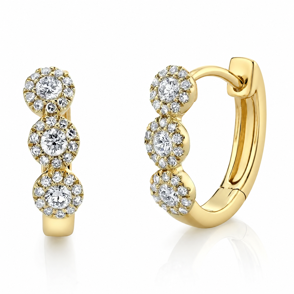 14K Yellow Gold Diamond Halo Huggie Earrings