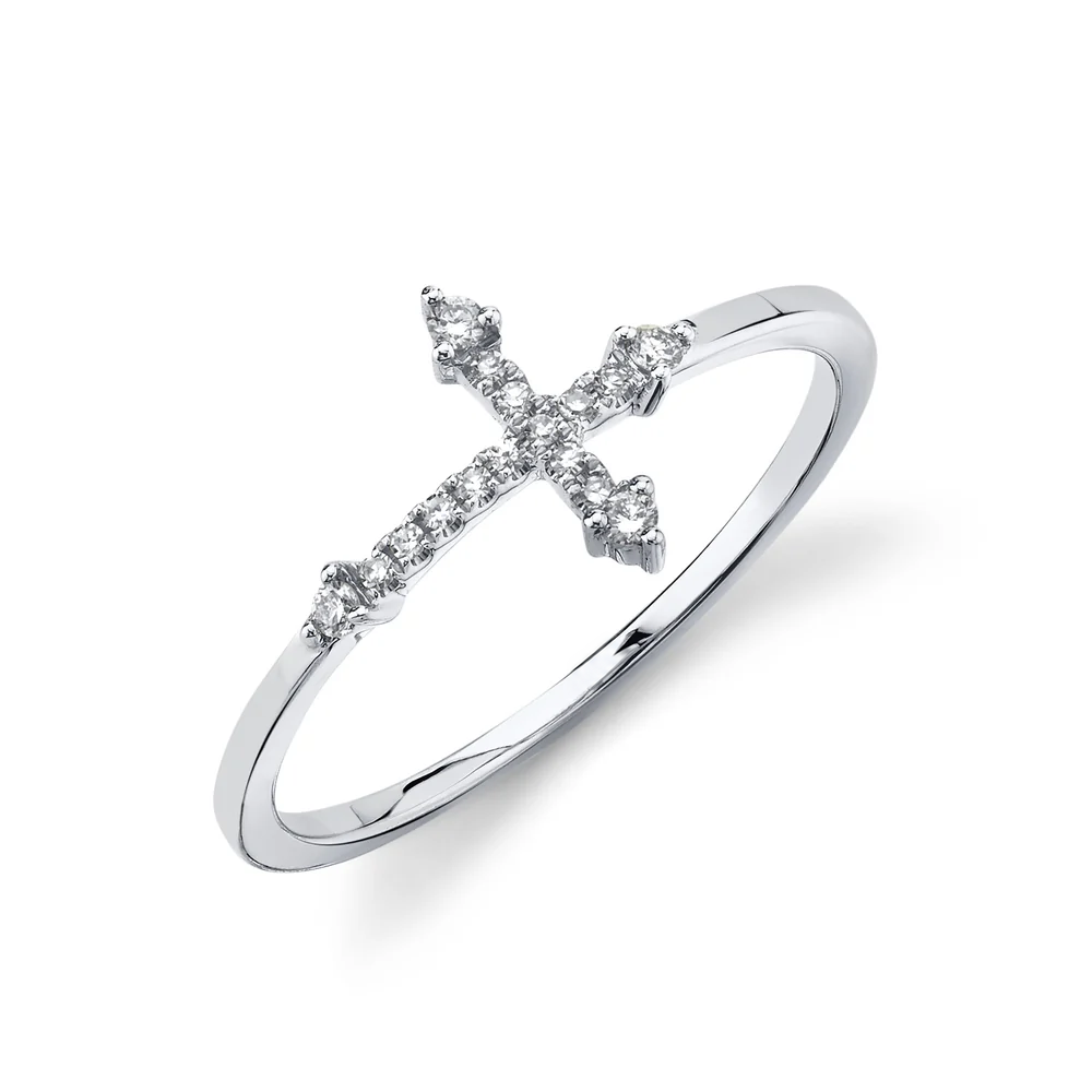 14K White Gold Diamond Cross Ring
